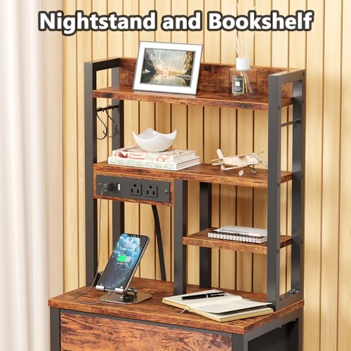 Furnulem Tall Night Stand, LED Nightstand with Charging Station and USB Ports, 4 Fabric Drawers and 4 Tier Storage Shelf, Bedside Table for Bedroom, Home, Dorm, Office (Rustic Brown) - color: Rustic Brown, size: 4 Drawer