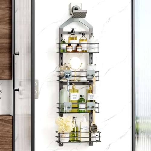 Orimade 4 Tier Adjustable Anti-slip Shower Caddy over Shower Head,Rustproof Bathroom Hanging shower Organizer with 4 Hooks for Razor,No Drilling Shower shelves Storage Rack,Grey - color: Grey - 4 Tier