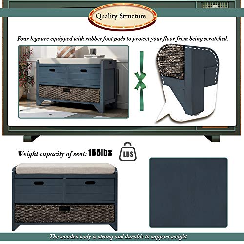 Fully Assembled Storage Bench - Solid Acacia Wood Shoe Organizer with 2 Drawers & Removable Rattan Basket, Rustic Hallway Seating (Navy) - color: Navy