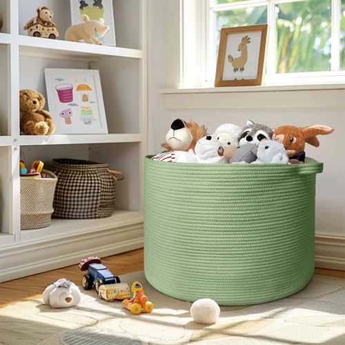 MEGASKET 115L Oversized Green Basket, 23.6"x15.7" Woven Cotton Rope Bin for Blankets, Nursery Wicker Laundry Hamper, Kids Toy Storage Bin, Sage Green Living Room Bedroom Decor Baskets for Organizing - color: Green, size: 23.6"x23.6"x15.7"