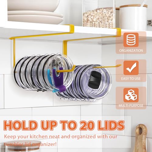 2 Pack Tumbler Lid Organizer, Horizontal Tumbler Lid Storage Hook Up to 20 Lids, Space Saving Cup Lid Holder Under Cabinet Tumbler Lid Hook for Kitchen Organizer, Paper Towel Hanger(Round&Flat, Gold) - color: Gold, size: 2 Pack(Round&Flat)