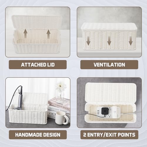 Cable Management Box, Handmade Rattan Cable Organizer with 2 Open Slots, Cord Hider for Power Strip, Router & USB Hub, Registered U.S. Design Patent (D1,112,102), 13" x 5.1" x 5.1", White - color: White, style: Rectangle