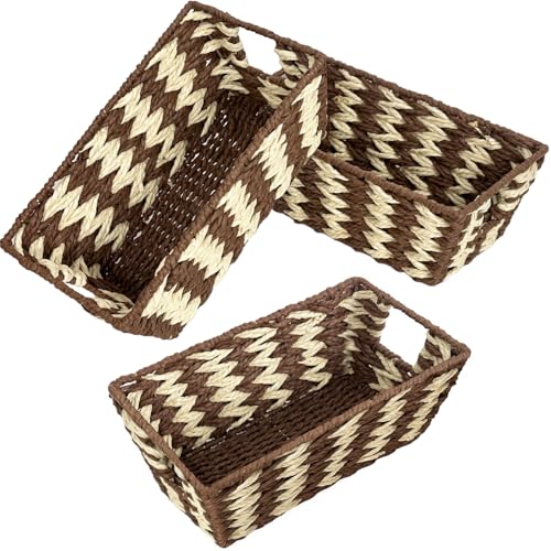 Paper Rope Storage Baskets for Shelves Organizing, Small Hand Woven Wicker Organizer Basket with Handle for Bathroom Toilet Paper Storage, Beige and Brown, 3-Pack - color: Paper Rope Beige&brown, size: 3 Pack