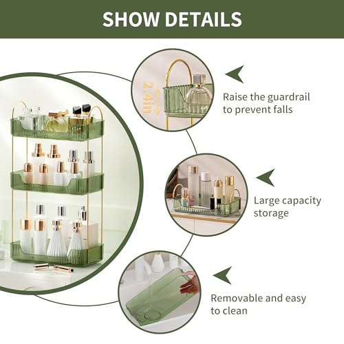 YCIA&DONE Bathroom Organizer Countertop, Makeup Storage, Skincare Cosmetic Tray Shelf, Perfume Holder Rack for Vanity Counter, Large Capacity, Easy to Install, Clean, 3 Tiers, Vintage Green - color: Vintage Green, size: 3-Tier