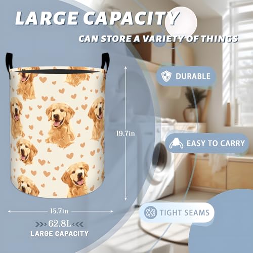 Cute Golden Retrievers with Hearts Laundry Basket with Handles, 19.7"x15.7" Clothes Foldable Laundry Hamper Organizer for Dorm Nursery Bedroom Bathroom Decor, Toy Storage Bin for Kids - style: Golden Retriever12