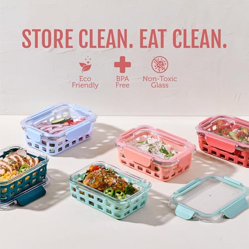 Ello Duraglass 3.4 Cup Meal Prep Sets 10Pc, 5 Pack Set- Glass Food Storage Container with Silicone Sleeve and Airtight BPA-Free Plastic Lids, Dishwasher, Microwave, and Freezer Safe, Melon - color: Melon, size: 3.4 Cup