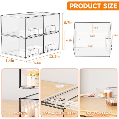 Yieach 4 Pack Clear Stackable Storage Drawers,4.4'' Tall Acrylic Drawer Containers for Organizing,Bathroom Organizers and Storage Bin Box,Plastic Makeup,Medicine Organizer Bins for Cabinet,Undersink - color: Clear-4.4 In Tall, size: 4 PCS
