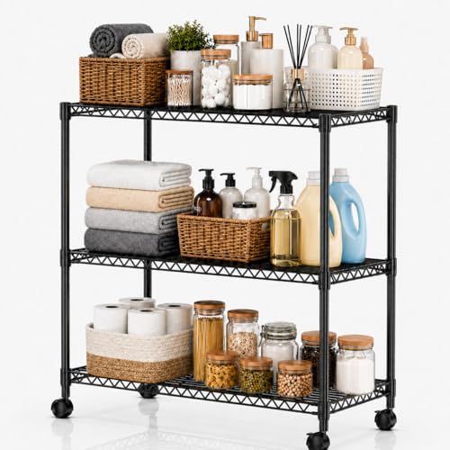 Simple Deluxe 3-Tier Heavy Duty Adjustable Storage Shelf with Wheels, 23.23”W x 13.39”D x 30.31”H, Mobile or Stationary Metal Shelving Unit, Easy Assembly for Kitchen, Pantry, Laundry Room, Black - color: Black, size: 3-Tier, 23.23”W x 13.39”D x 30.31”H
