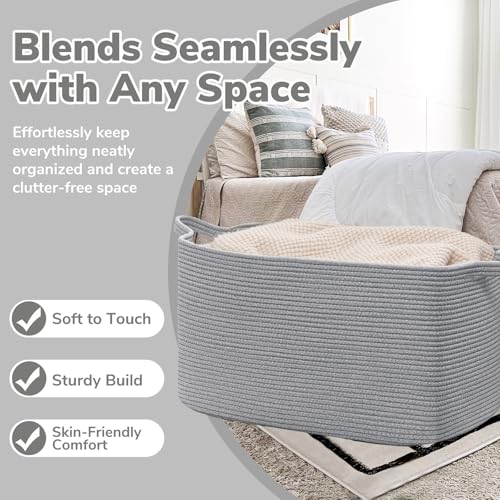 Goodpick 85L Large Woven Blanket Basket 23.6" x 15.7" x 13.8" Cotton Rope Storage Organizer for Dirty Clothes Pillows, Rectangle Toy Storage Basket for Nursery Bedroom, Gray - color: Grey, size: X-Large(23.6"L x 15.7"W x 13.8"H)