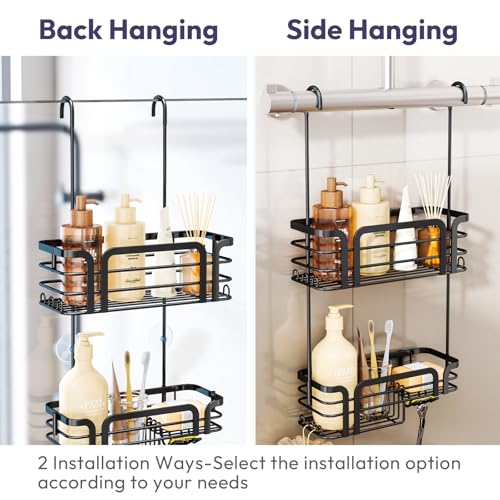 SWTYMIKI Shower Caddy Hanging Organizer - Over the Door Shower Caddy with Soap Holder, 11 Hooks, 2 Installation Ways, Stainless Steel Rustproof Bathroom Organizer, Black - color: Black