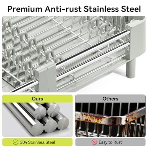 Urackify Extendable Dish Drying Rack, Dual Part Dish Drainers with Non-Scratch and Movable Cutlery Drainer and Drainage Spout, Adjustable Dish Rack for Kitchen, Gray & White - color: Soft Celery Green