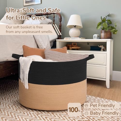 INDRESSME 115L Extra Large Cotton Rope Blanket Basket for Nursery, Boho Decor Baby Laundry Baskets for Kids Toy Organizer Storage Bin for Dirty Clothes Pillows Towel, Black & Camel - color: Black & Camel, size: 23.6"D x 15.7"H
