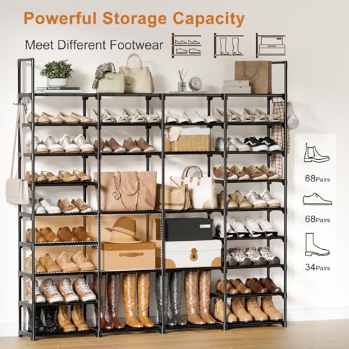 WOWLIVE 4 Row 9 Tiers Extra Large Shoe Rack 68-72 Pairs Big Tall Metal Shoe Shelf, Heavy Duty Organizer for Closet Entryway, Boot Rack Storage Stackable Stand for Garage Black - color: Black, size: 4 Row 9 Tier