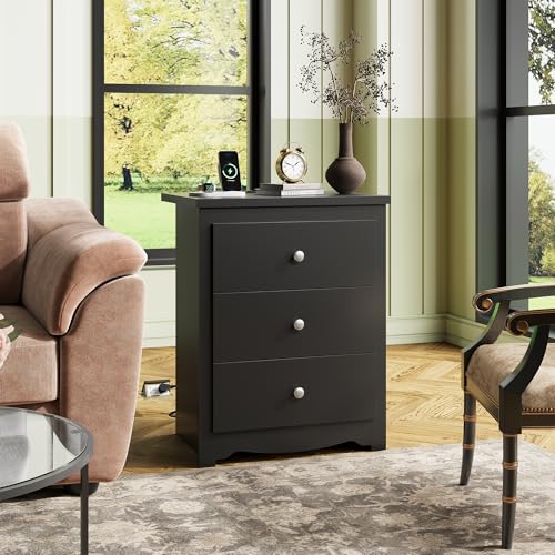 WLIVE Tall Nightstand with Charging Station, Wood Night Stand with 3 Drawers Storage, Bedside Table End Side Tables with 2 USB Ports and Outlets for Bedroom, Closet, Black - color: Black