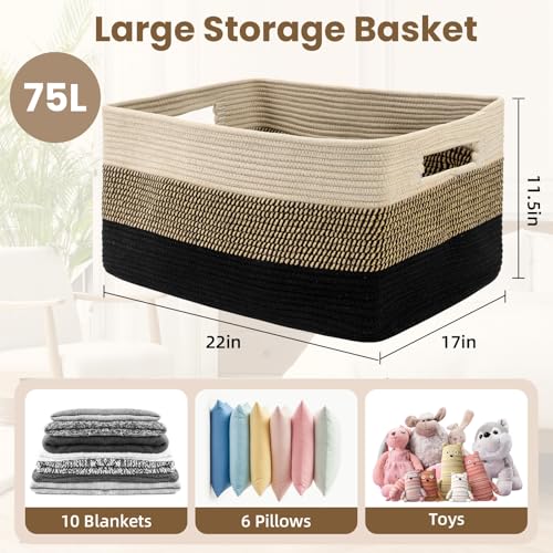 Optish 75L Large Blanket Basket, Woven Storage Baskets with Reinforced Handles, Rope Laundry Basket for Living Room, Bedroom, Nursery, Toys, Clothes, Pillows, 22” x 17” x 11.5”, Black & Brown - color: Black & Brown, size: 22" x 17" x 11.5"(75L)