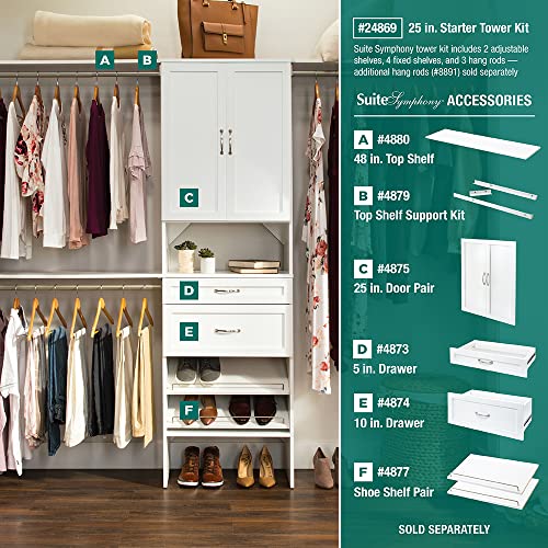 ClosetMaid SuiteSymphony Wood Closet Organizer System, 25-Inch Starter Kit with Tower and 3 Hang Rods and Shelving, Adjustable Shelves, Customizable Insert, Reach-in or Walk-in Closets, Pure White - style: Pure White Finish