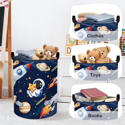 Space Rockets Laundry Hamper Cartoon Astronaut Large Storage Basket Planet Collapsible Parents Organizer Boys Clothes Toy Bins for Bedroom, Bathroom, Blue, 63L - color: Blue, size: 63L