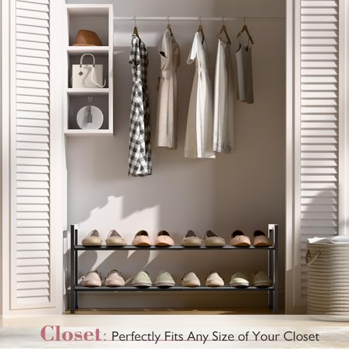 Bumusty 2 Tier Expandable Shoe Rack for Closet, 18“-33” Adjustable Shoe Rack for Small Space, Small Shoe Organizer for Front Door, Sturdy Metal, Black - color: Black, size: 2-Tier