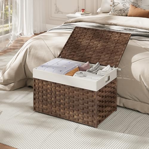 HOOBRO Storage Basket with Lid, 17.2 Gallon (65L) Wicker Basket, Handwoven Blanket Storage Basket with Handles, Metal Frame and Soft Lining, Foldable for Bedroom, Laundry Room, Brown BR265CW01 - color: Brown, size: 22"L x 13.4"W x 13.4"H
