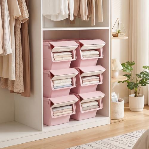 Giantex Plastic Stackable Storage Bins with Lids & Wheels, 3 Pack Open Front Stacking Bins, Organizer Bins for Pantry, Kitchen, Laundry, Closet, Playroom, Bedroom Organization (12.5 QT) - color: White + Pink, size: 3 Pack, 12.5 QT