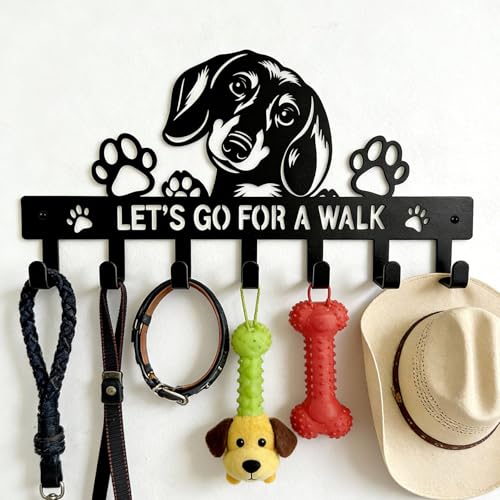 Dachshund Key & Dog Leash Holder for Wall, 7-Hook Wall Dog Storage Organizer for Entryway, Hallway, Front Door, Kitchen, Small Black Key Rack, Wall-Mounted Key Hanger, Dachshund Gifts & Decor - color: Dachshund
