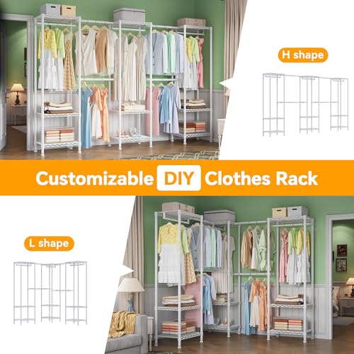 Higeego H11 Heavy Duty Garment Rack, Clothing Rack for Hanging Clothes, Extra Large Closet, Freestanding Wardrobe Closet Organizer and Storage with Hanger Rods, Extendable from 7.8 to 10.8 ft, White - color: White, style: 5 Row