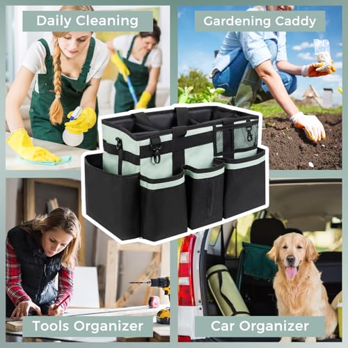 SCAVATA Wearable Cleaning Caddy, Cleaning Caddy Supplies Organizer with Handle & Shoulder Straps for Housekeepers, Under Sink & Car Cleaning Tool Organizers Bag with 4 Foldable Divider (Celadon) - color: Celadon