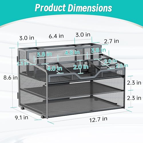 3 Tier Mesh Desk Organizer,Multi Functional Letter Paper Tray with 3 Pen Holders and 5 Adjustable Storage Compartments for Office Supplies Files and Mail Space Saving Desktop Organizer-Black - color: 3 Tier-black