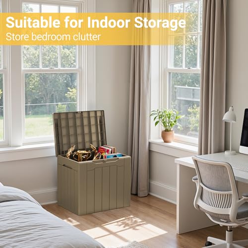 Greesum Outdoor Storage Box 31 Gallon Storage Box with Lid for Patio Furniture, Garden Tools, Pool Supplies, Waterproof and UV Resistant, Lockable, Light Coffee - color: Light Coffee, size: 31 Gallon