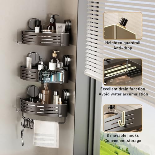 VOLPONE Shower Caddy Suction Cup No Drilling Suction Cup Shower Shelf Heavy Duty Bathroom Shower Organizer Storage Rack Adhesive with Towel Bar Hooks (3-Pack, Matte Gray) - style: Suction Cup Rectangle with Towel bar 3 Tier Gray