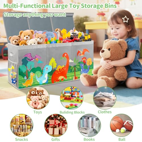 Extra Large Toy Box Chest with Lids, Collapsible Toy Storage Organizer for Kids, Dinosaur Toy Bin Box for Toddlers Boys Girls, Toy Organizer for Living Room Nursery Playroom Bedroom Home Grey - color: Grey