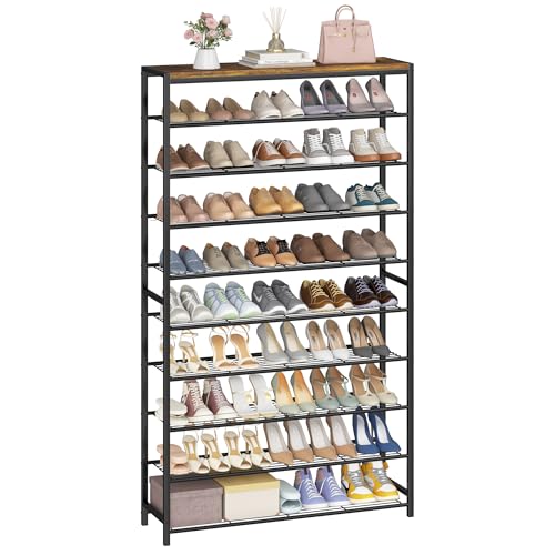 HOMEFORT 10 Tiers Shoe Rack Organizer,39.4" Shoe Storage Shelf for Closet, Shoe Rack for Entryway,Holds 45-50 Pairs of Shoe, Tall Shoe Stand with Metal Shelves and MDF Top Board,Rustic Brown - color: Rustic Brown, size: 10-Tier (11.8"D x 39.4"W x 70.47"H)