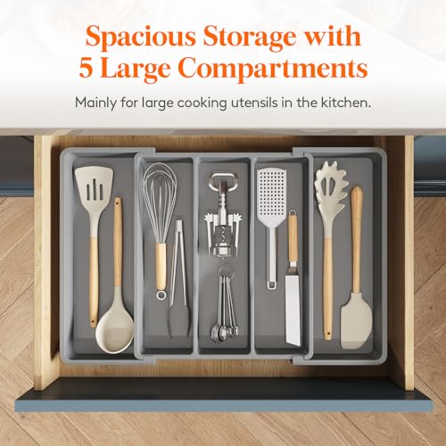 Lifewit Utensil Organizer for Kitchen Drawers, Expandable Cooking Utensil Tray, Adjustable Cutlery Silverware Flatware Holder, Plastic Spatula Tools Storage Divider, 13-22 x 15", Gray - color: Gray, size: Large(13-22''W x 15"D)