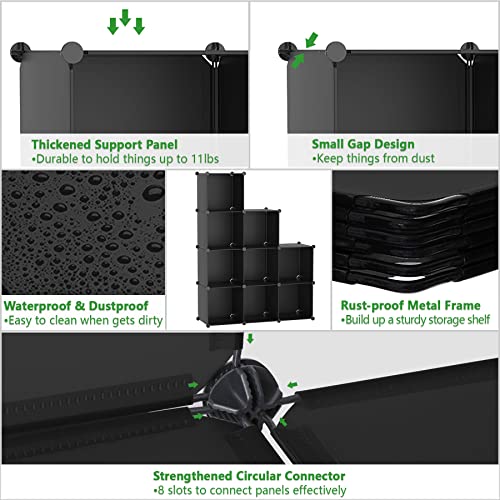 C&AHOME Cube Storage, 9-Cube Bookshelf, Plastic Closet Cabinet Organizer, DIY Stackable Bookcase, Modular Shelving Units Ideal for Home, Office, Kids Room, 36.6" L x 12.4" W x 48.4" H Black SHS3009A - color: Black