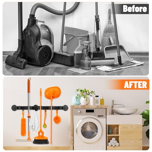 Magnetic Broom Holder Wall Mount with 4 Hooks and 5 Rack- Heavy Duty Non-Slip Mop Hanger for Wet Mops&Cleaning Tools on Refrigerator,Metal Door,Garage,Kitchen,Laundry Room