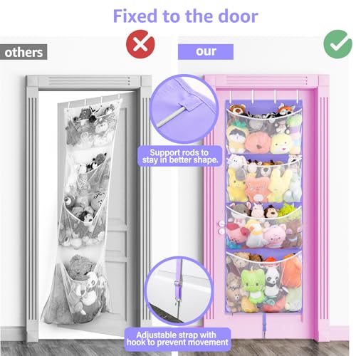 Woodoulogy Hanging Stuffed Animal Storage, Over Door Large Plush Toy Organizer with Metal Hook, Baby Accessory Holder Idea for Nursery, Doll & Bear Mesh Hammock Bag for Girl Boy Kid Room - color: Purple