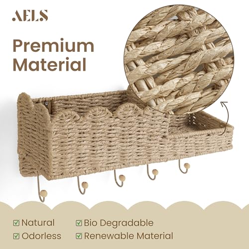 AELS Scalloped Woven Wall Mount Key Holder with 5 Hooks, Decorative Paperstraw Mail Organizer for Entryway, Wave Design Ratten Key Rack, Entryway Organizer, Living Room & Hallway Decor, Natural