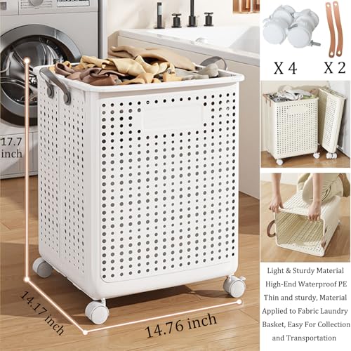 WESAPPINC Collapsible Large Laundry Hamper, Plastic Laundry Basket with Wheels,Suitable for Bathroom, Bedroom, Dorm Room & Laundry Room,Basket with Handle (Cream color) - color: 55L Cream