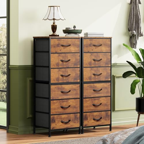 WLIVE Tall Dresser for Bedroom, 6 Drawer Vertical Fabric Dresser, Skinny Chest of Drawers, Narrow Storage Tower with Wood Top and Metal Frame, Tall Nightstand for Closet, Rustic Brown Wood Grain Print - color: Rustic Brown Wood Grain Print, size: 11.73"D