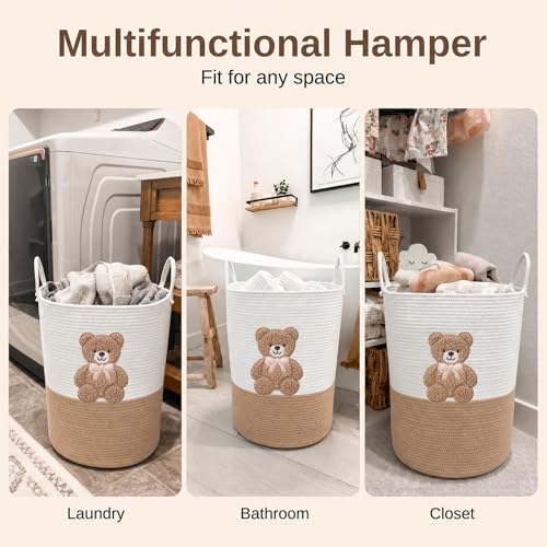 Teddy Bear Large Laundry Hamper for Nursery – 20"x15" Cotton Rope Woven Basket with Handles – Baby Clothes Hamper, Blanket Storage, Stuffed Animal Organizer – Gender Neutral Nursery Decor - color: Neutral Teddy
