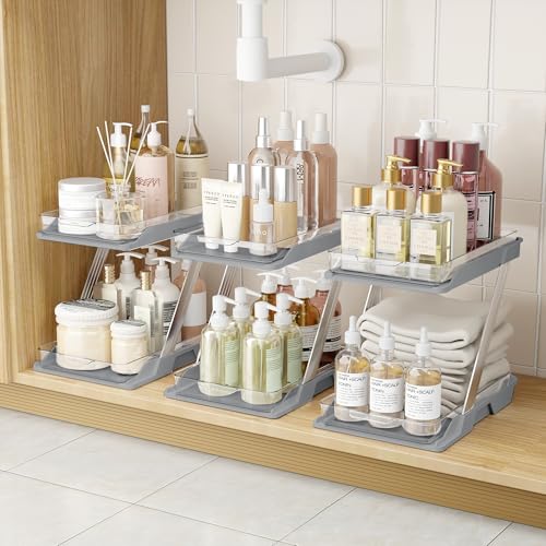 3 Pack Bathroom Organizers and Storage - Multi-Purpose,2-Tier Clear Pull Out Organization for Bathroom,Under Sink,Kitchen,Vanity,Countertop,Cabinet,Pantry & Medicine Cabinet,Grey