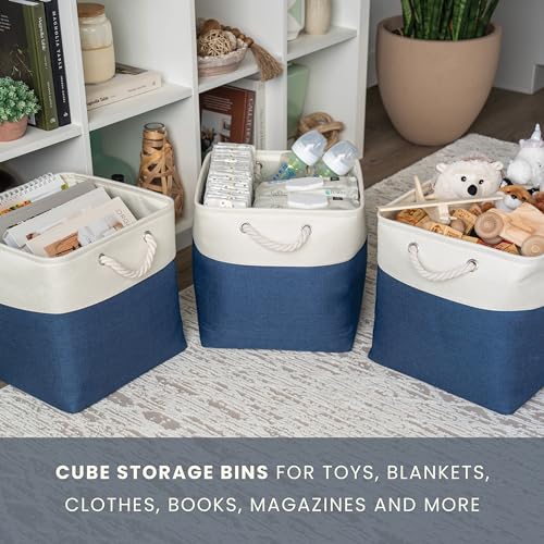 OrganiHaus 13x13 Cube Storage Bins 4 Pack, Foldable Cube Storage Organizer w/ Rope Handles, Collapsible Fabric Bins for Toys, Clothes & Closet Organization, Fabric Square Baskets - Navy Blue - color: Navy Blue Base / Off-White, size: 4 pcs (13x13)