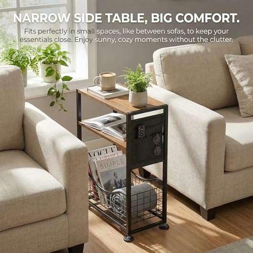 Skinny Side Table with Storage, 3 Tier Slim Side Tables for Small Spaces, Skinny End Table Narrow Bedside Table Narrow Side Table for Living Room, Bedroom - color: Rustic Brown