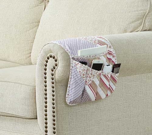 Brilliant Sunshine Pink Rosette and Stripes Patchwork Couch Armrest 5 Pockets Organizer, Slip Resistant Armchair Caddy, Washable Remote Controls Holder, Storage for Magazine, Tablet, Phone, iPad, Rose - color: Rose