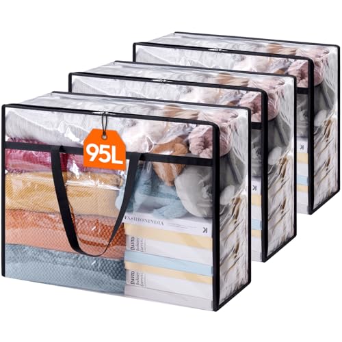 Lifewit 3 Pack Clear Clothes Storage Bags, 95L Plastic Blanket Storage Bag, Vinyl Foldable Moving Bags with Zipper, Closet Organizers and Storage Containers for Bedding, Duvet, Comforter - size: 95L