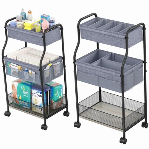 3-Tier Baby Diaper Caddy Organizer and Storage Cart, Mobile Metal Utility Cart with Rolling Wheels for Nursery Essentials with 4+2 Dividers, Large Capacity Rolling Cart For Bedroom, Bathroom, Nursery - color: Gray, size: 17"W*11.35"D*32.05"H