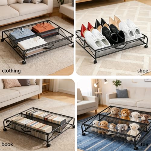 Under Bed Shoe Storage Organizer, 2-Pack Metal Mesh Storage Drawers with Wheels – Rolling Underbed Shoe Organizer for Space Saving Bedroom Organization (Black)