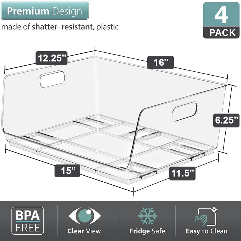 Sorbus Stackable Storage Bins Open Front - Clear Stackable Storage Bins - Pantry Bins for Storage and Organization - Acrylic Stackable Bins for Kitchen - Clear Pantry Organizer Bins (Large 4 Pack) - size: Large, style: 4 Pack