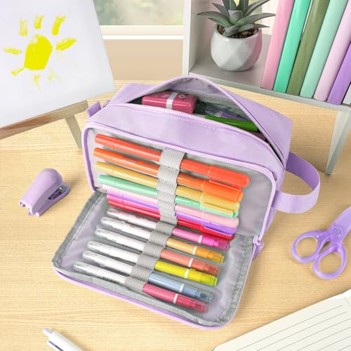 Sooez Original High Capacity Pencil Case, Big Pencil Bag Pouch Box Organizer Pen Case, Aesthetic Supply for Girls Adults, Portable Journaling Supplies with Easy Grip Handle & Loop, Purple - color: Light Purple