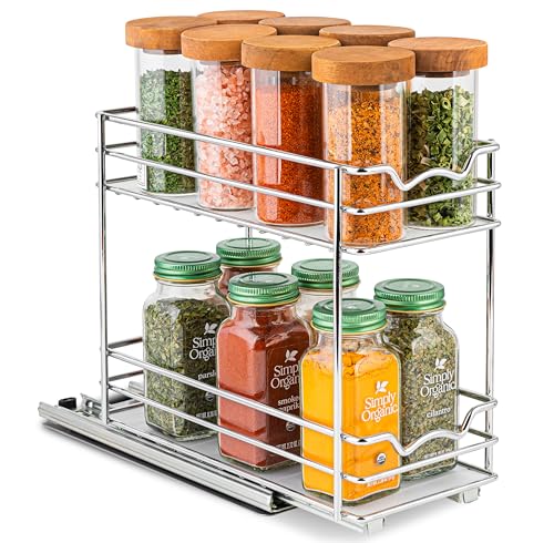 Pull Out Cabinet Organizer for Spices, Cans - Heavy Duty with Lifetime Limited Warranty- Pull Out Spice Rack- Cabinet Pull Out Shelf for Cans,Dishes, Etc, 4-1/2"W x 10-3/8"D x 8-7/8H, Chrome - size: 4.5 Inch - Double